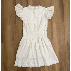 NIBI MTK White Eyelet Cotton Mini Dress Smocked Waist Flutter Sleeve S prairie